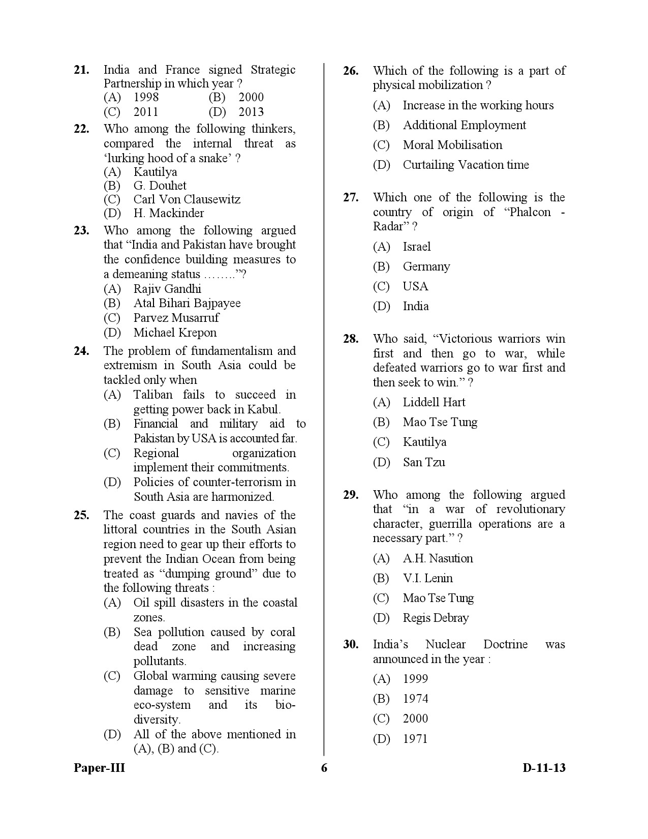 UGC NET Defence and Strategic Studies Question Paper III December 2013 6