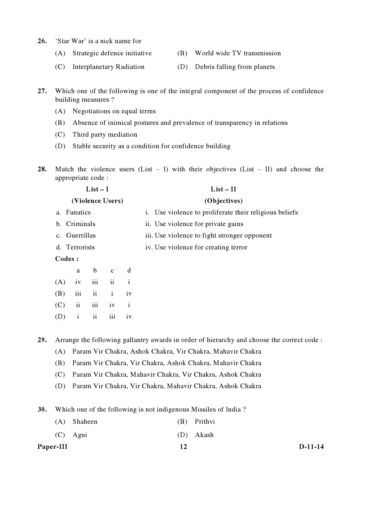 UGC NET Defence and Strategic Studies Question Paper III December 2014 12