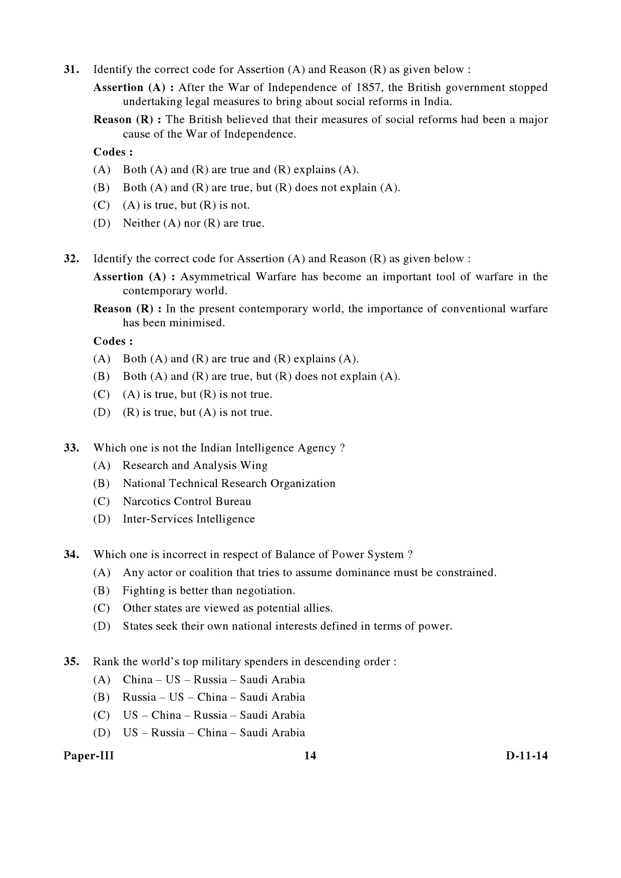 UGC NET Defence and Strategic Studies Question Paper III December 2014 14