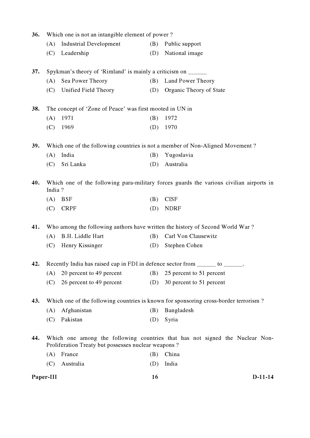 UGC NET Defence and Strategic Studies Question Paper III December 2014 16