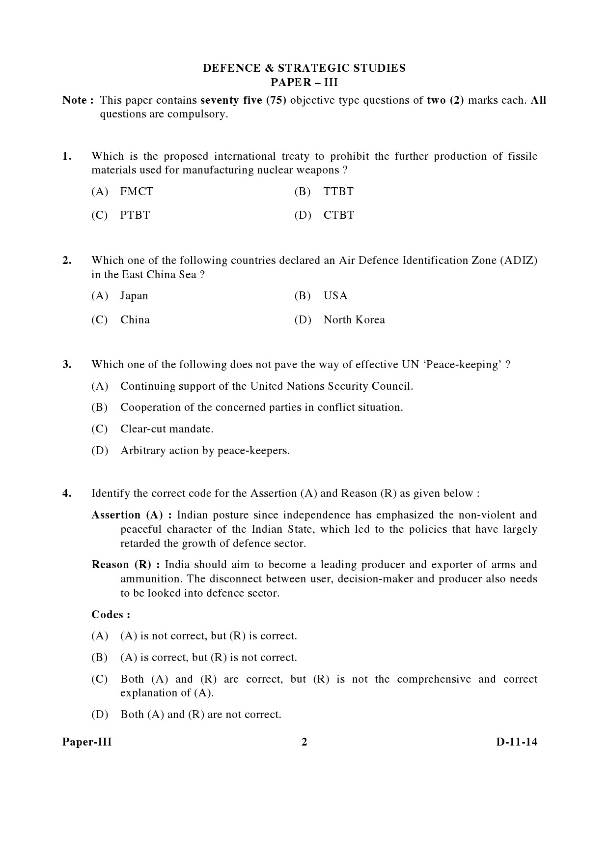 UGC NET Defence and Strategic Studies Question Paper III December 2014 2