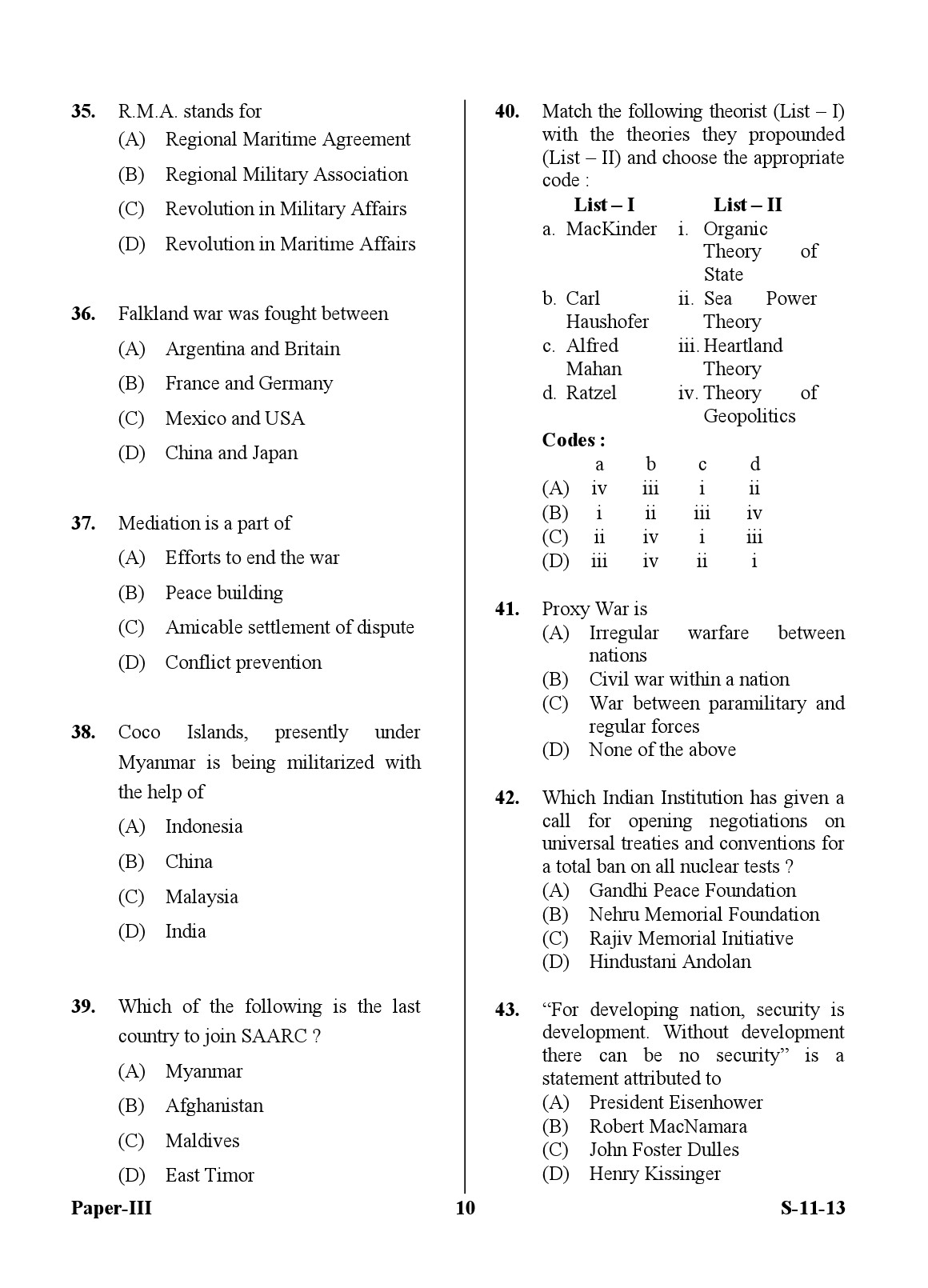 UGC NET Defence and Strategic Studies Question Paper III Exam September 2013 10