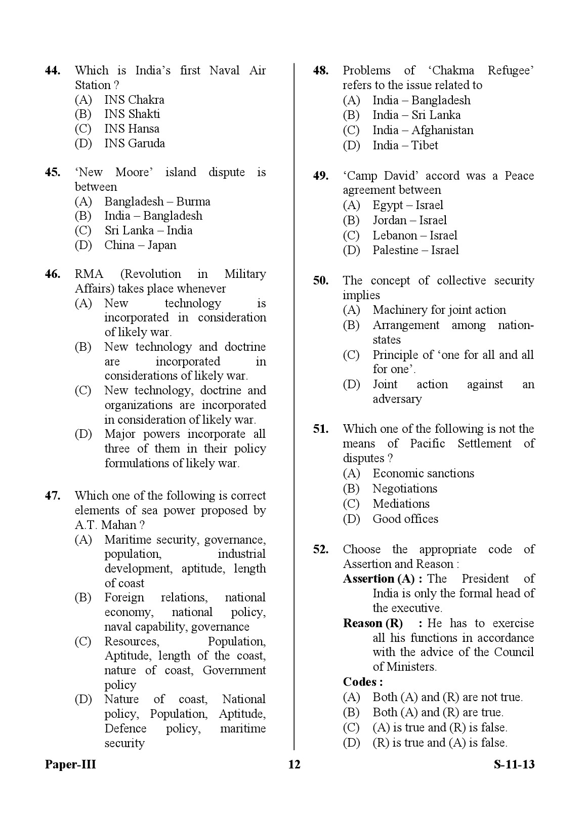 UGC NET Defence and Strategic Studies Question Paper III Exam September 2013 12