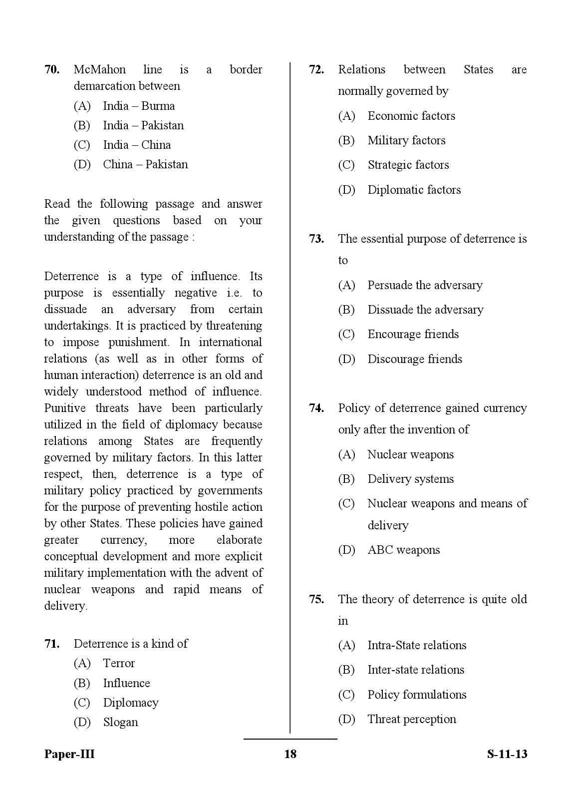 UGC NET Defence and Strategic Studies Question Paper III Exam September 2013 18