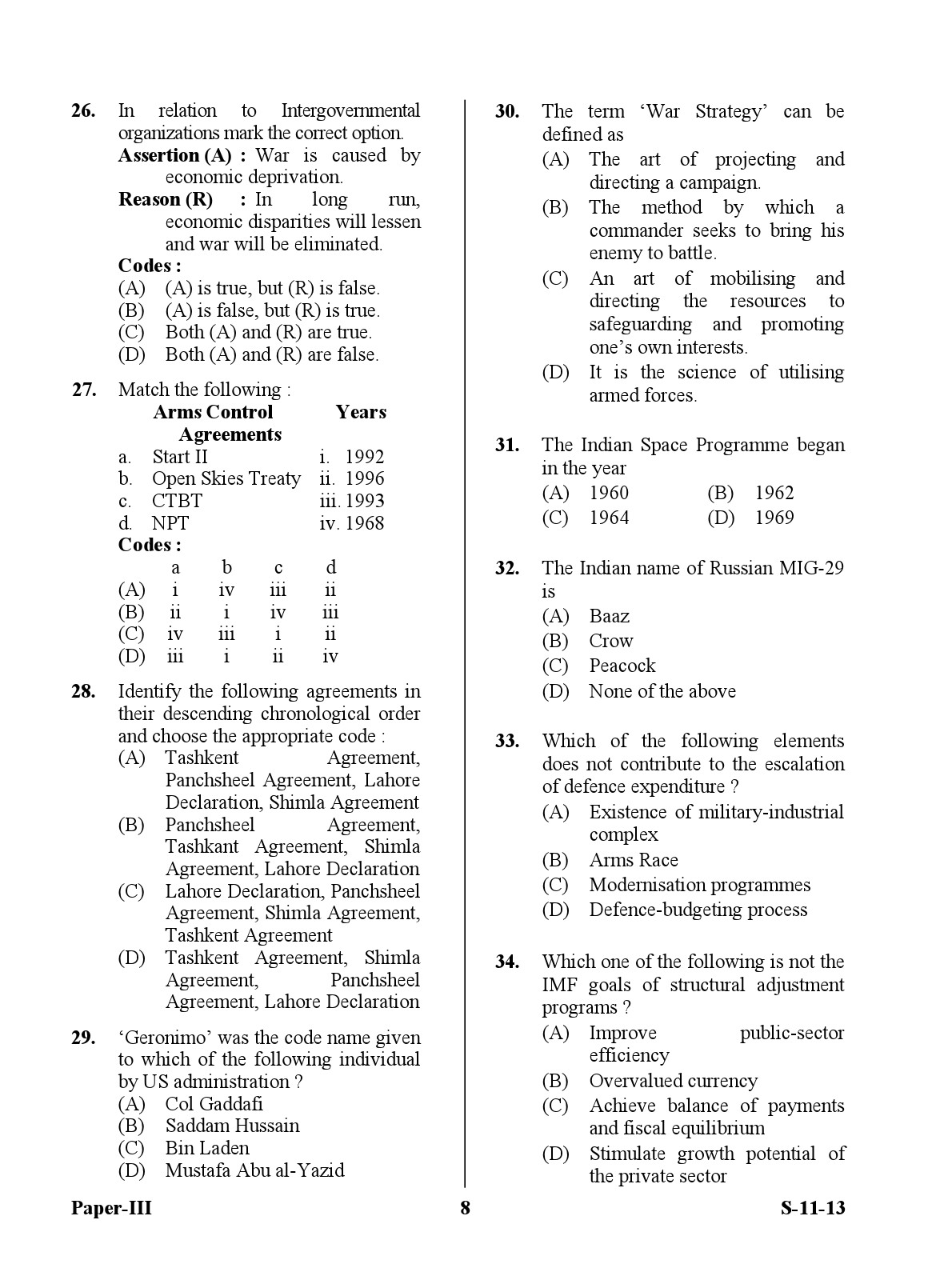 UGC NET Defence and Strategic Studies Question Paper III Exam September 2013 8