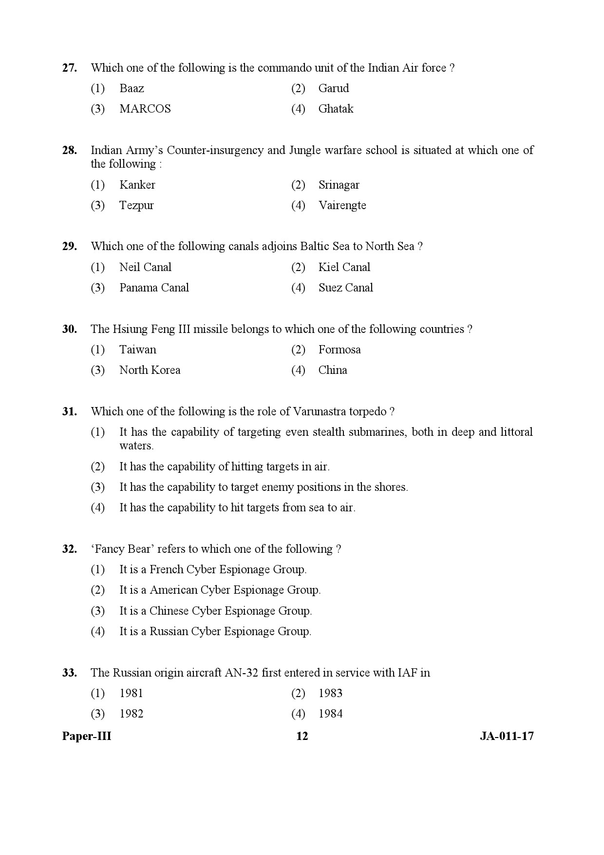 UGC NET Defence and Strategic Studies Question Paper III January 2017 12