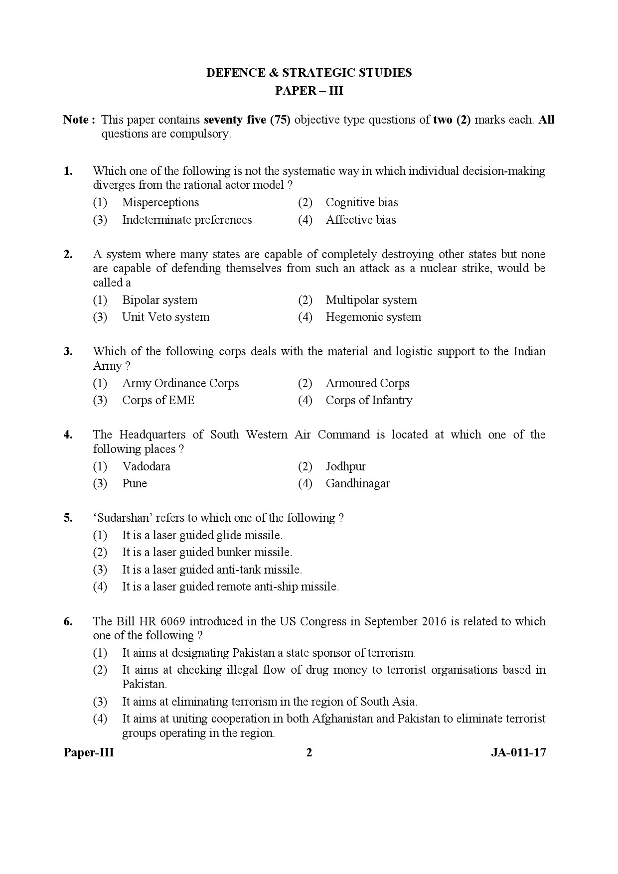 UGC NET Defence and Strategic Studies Question Paper III January 2017 2