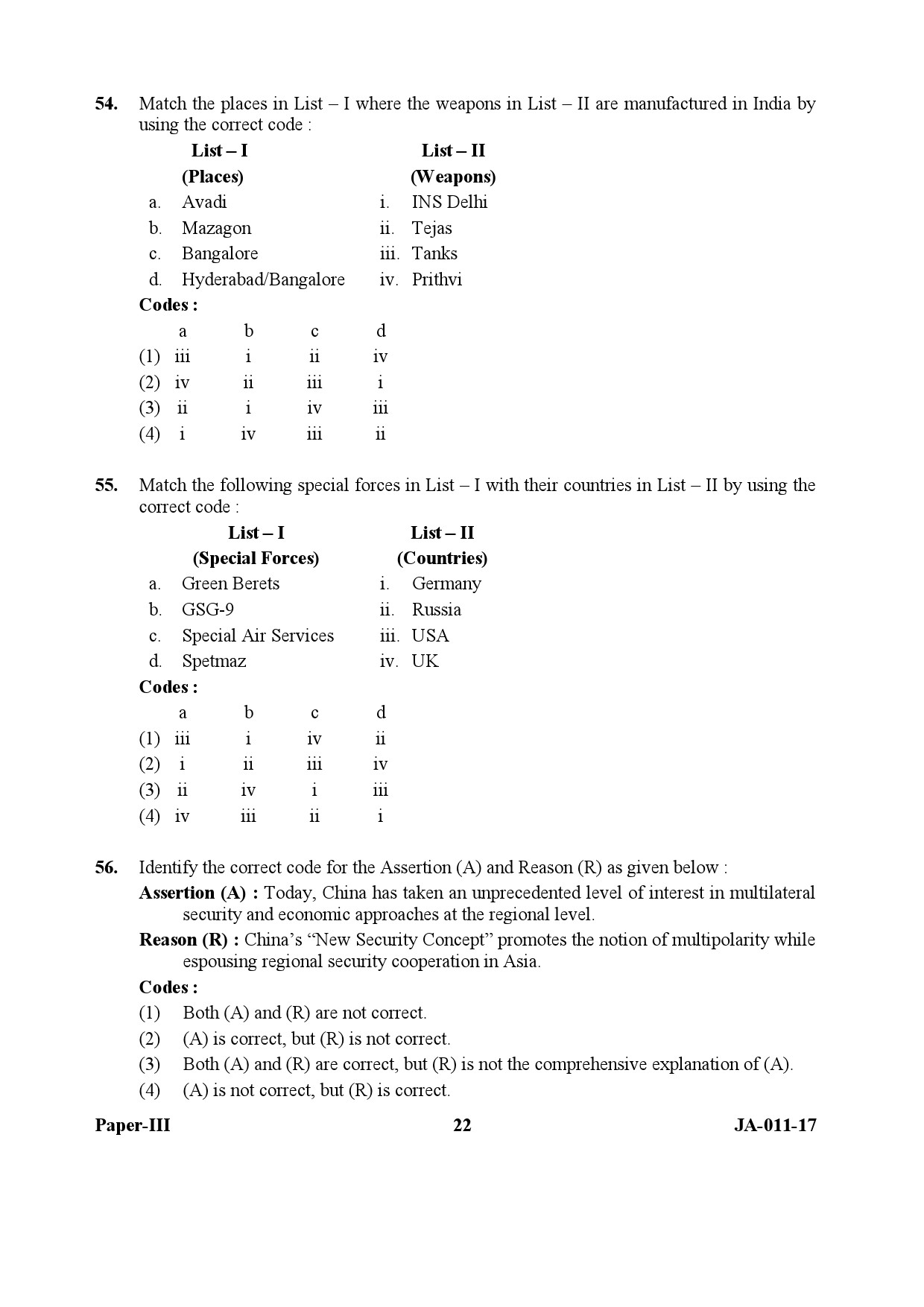 UGC NET Defence and Strategic Studies Question Paper III January 2017 22