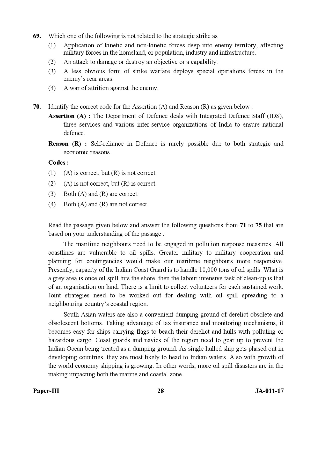 UGC NET Defence and Strategic Studies Question Paper III January 2017 28