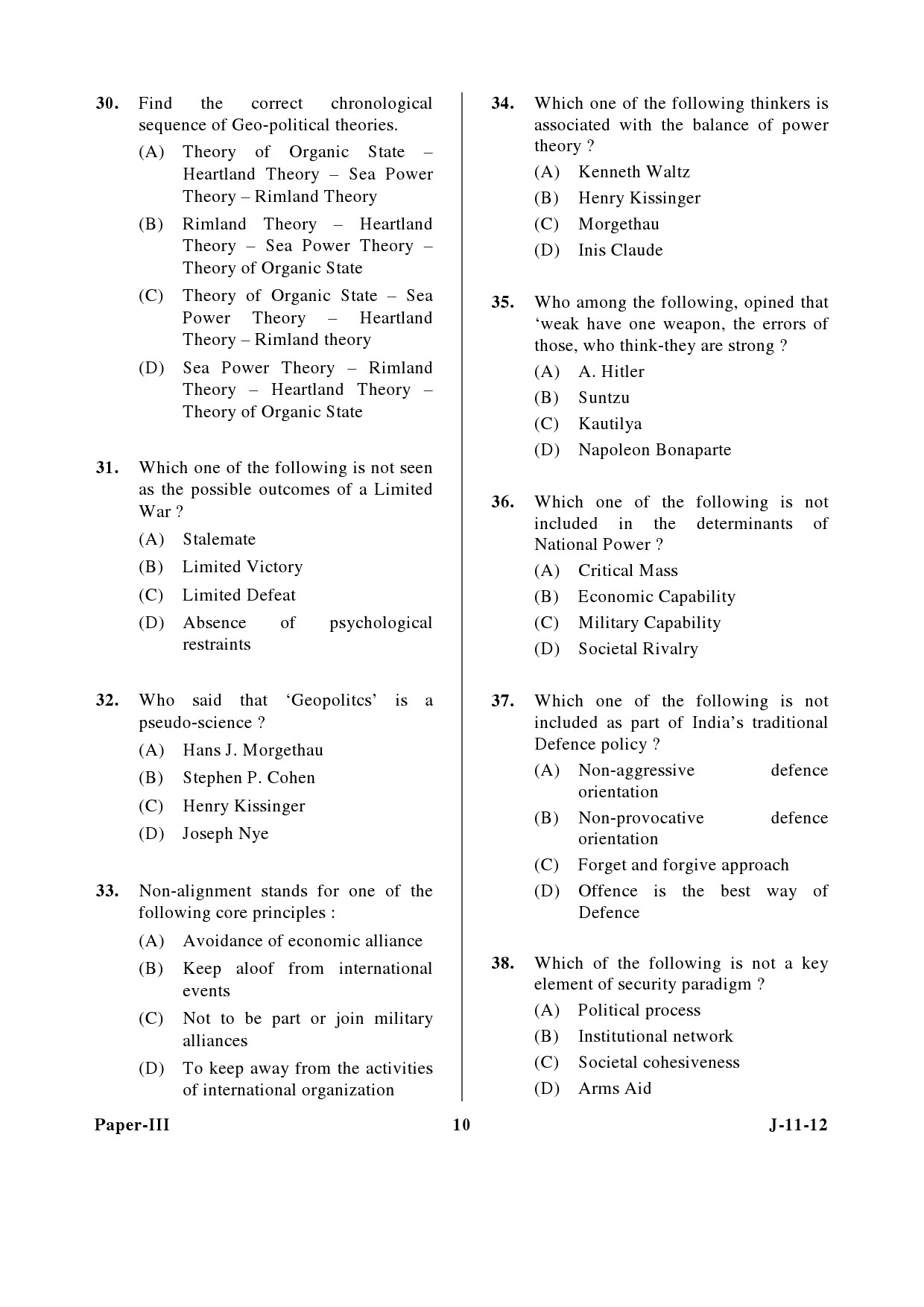 UGC NET Defence and Strategic Studies Question Paper III June 2012 10