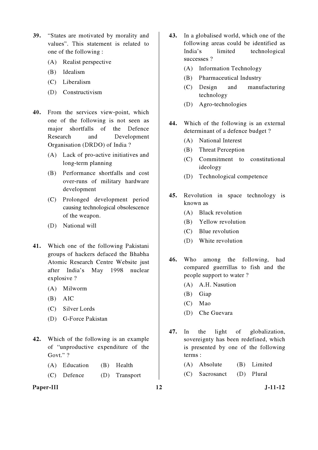 UGC NET Defence and Strategic Studies Question Paper III June 2012 12