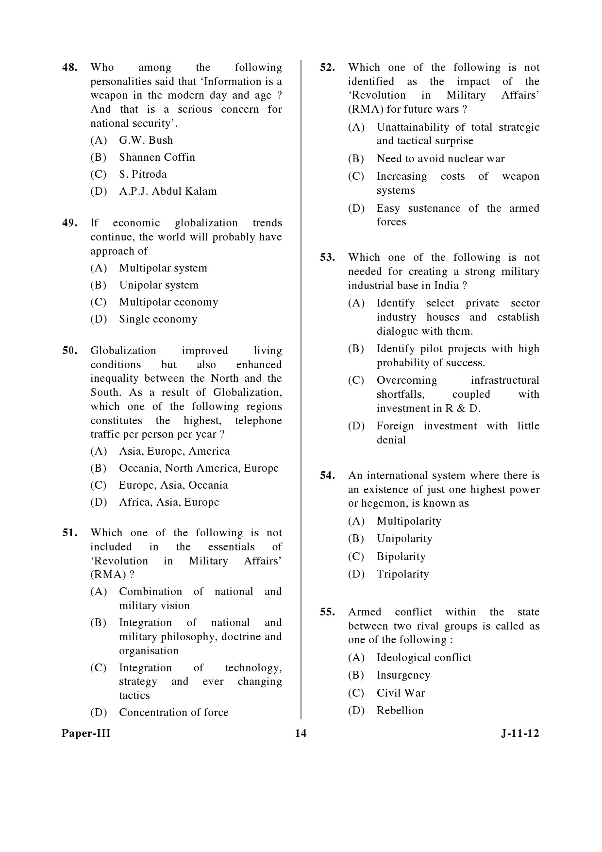 UGC NET Defence and Strategic Studies Question Paper III June 2012 14