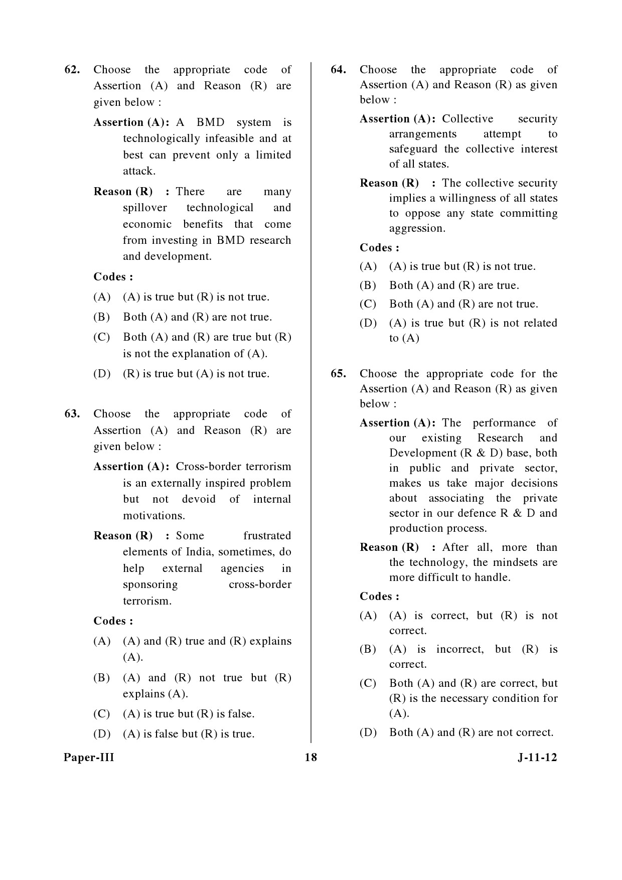 UGC NET Defence and Strategic Studies Question Paper III June 2012 18