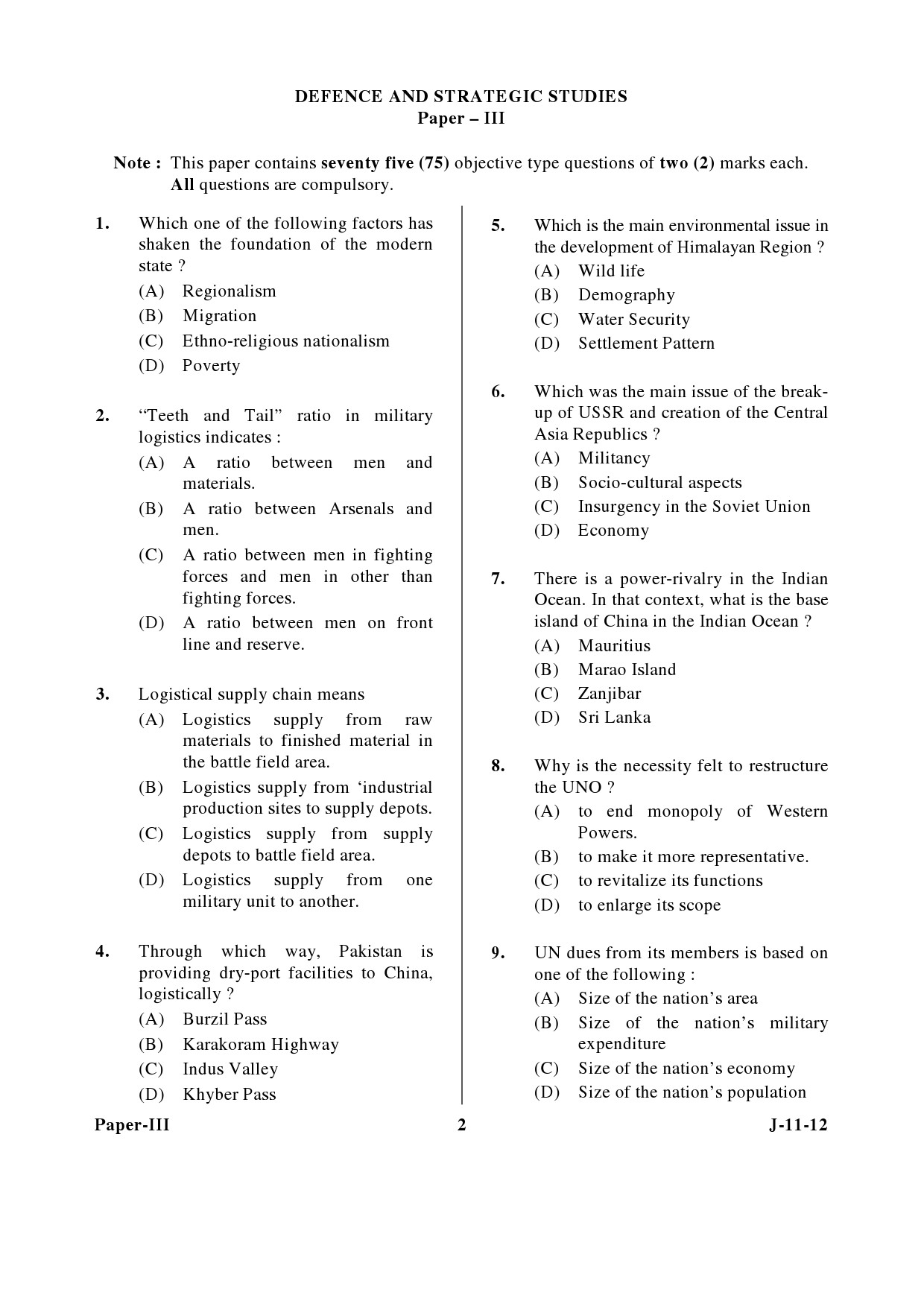 UGC NET Defence and Strategic Studies Question Paper III June 2012 2