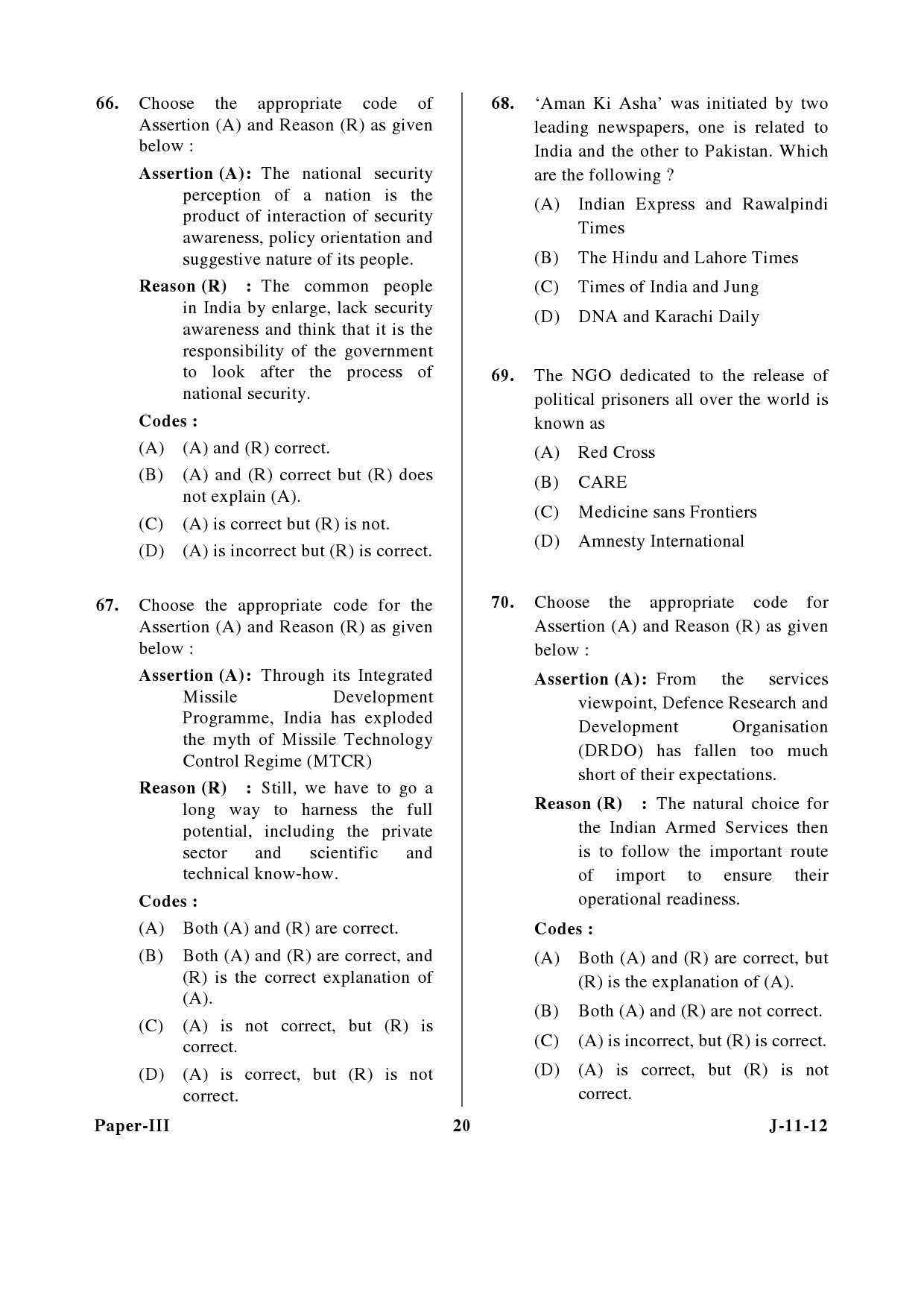 UGC NET Defence and Strategic Studies Question Paper III June 2012 20