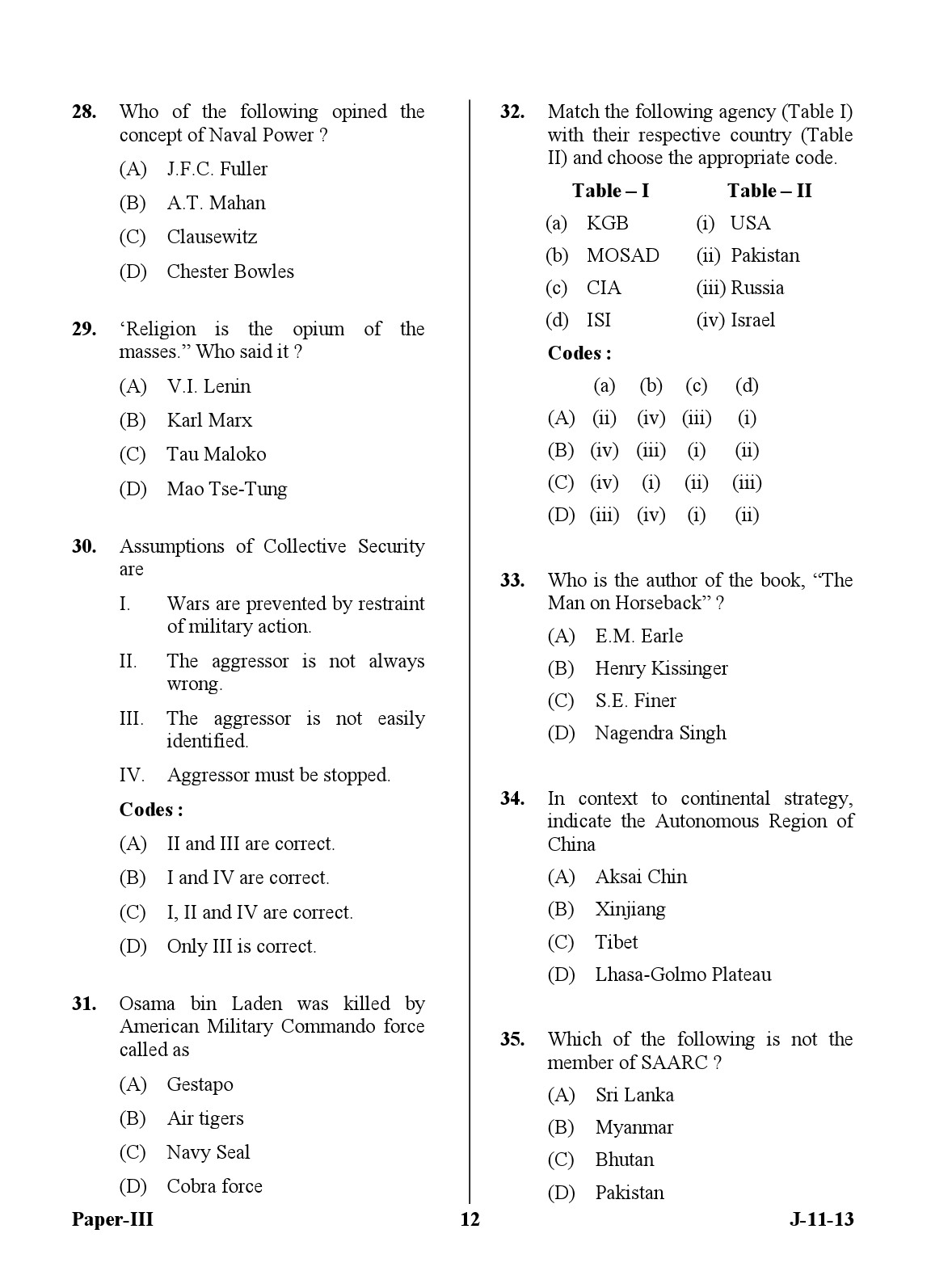 UGC NET Defence and Strategic Studies Question Paper III June 2013 12