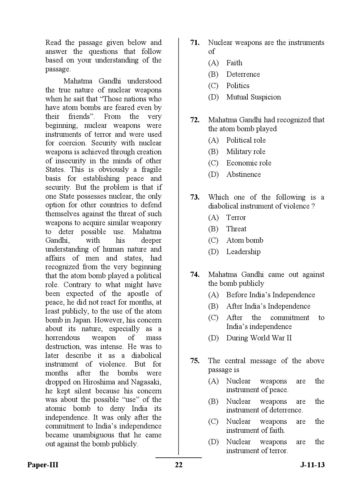 UGC NET Defence and Strategic Studies Question Paper III June 2013 22