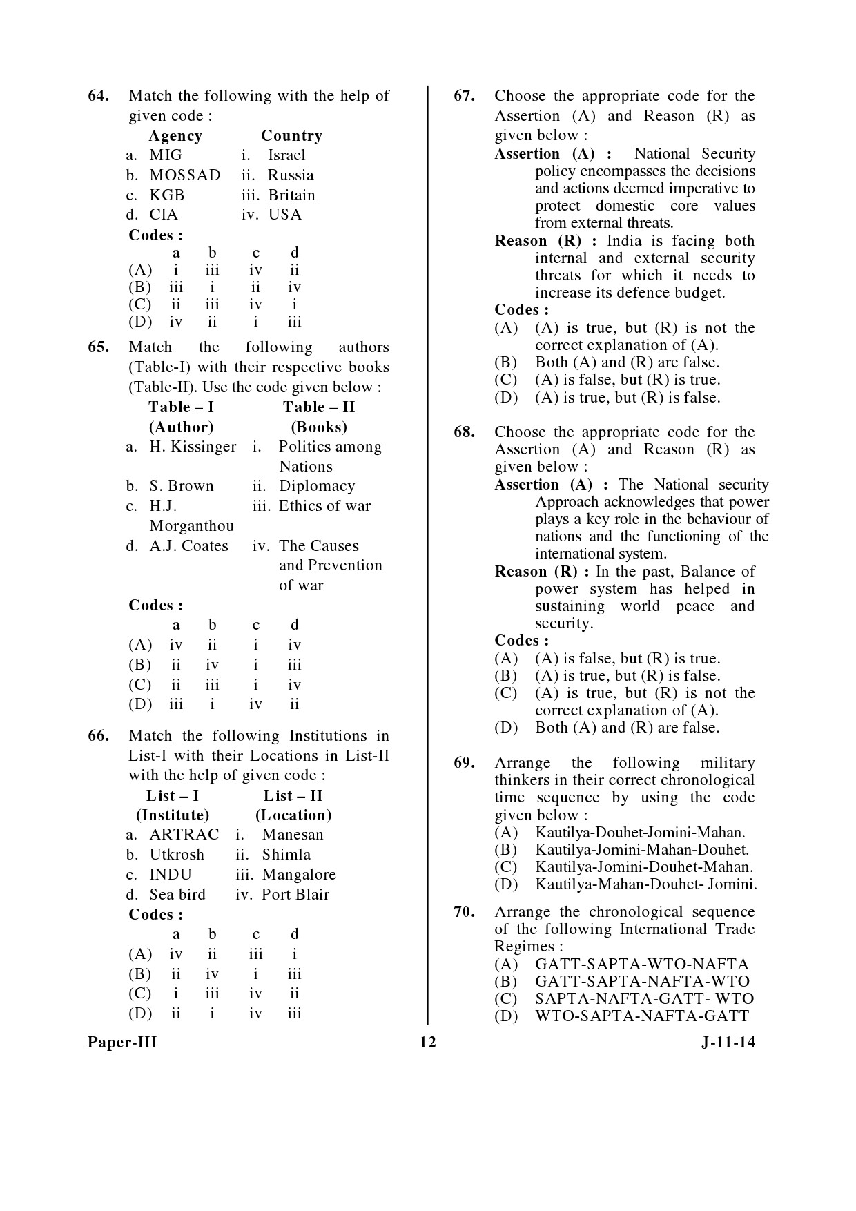 UGC NET Defence and Strategic Studies Question Paper III June 2014 12