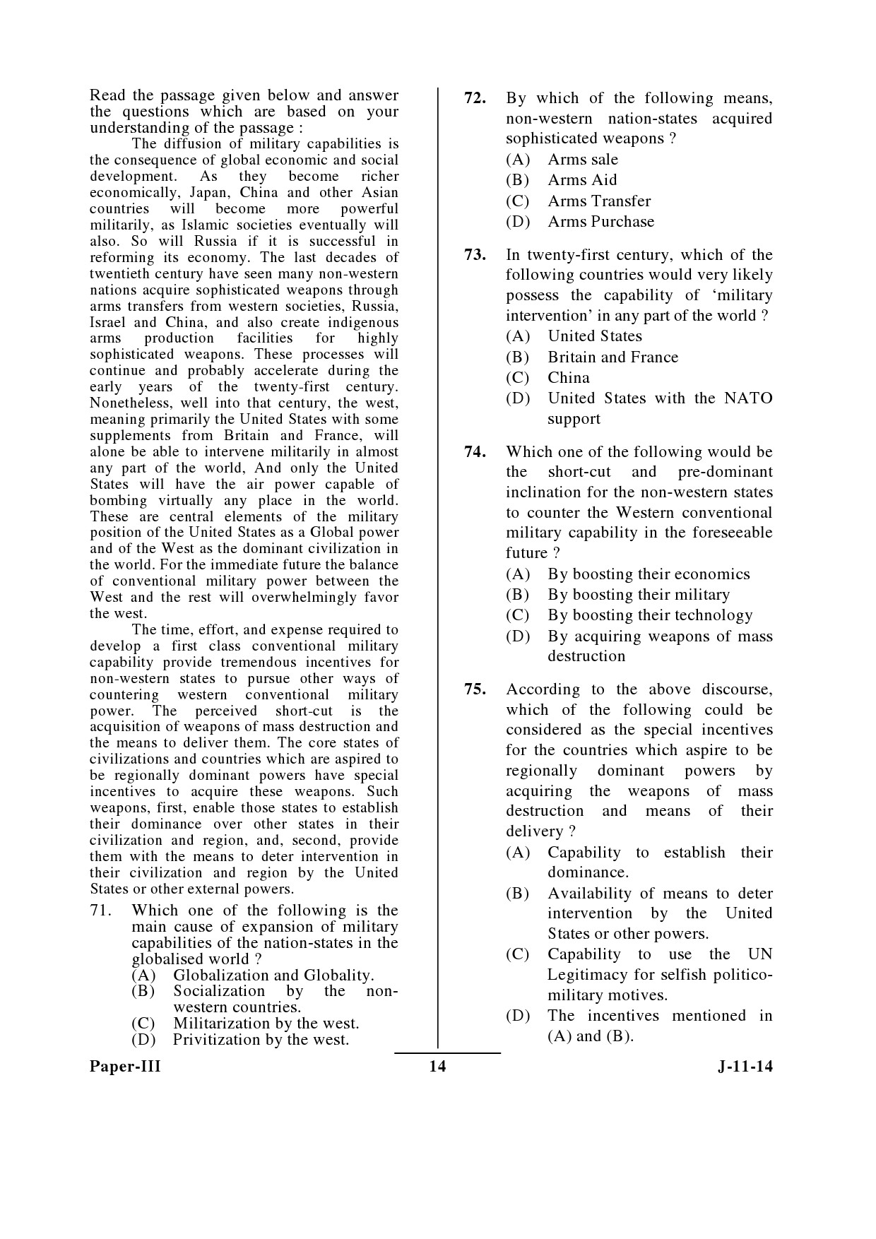 UGC NET Defence and Strategic Studies Question Paper III June 2014 14