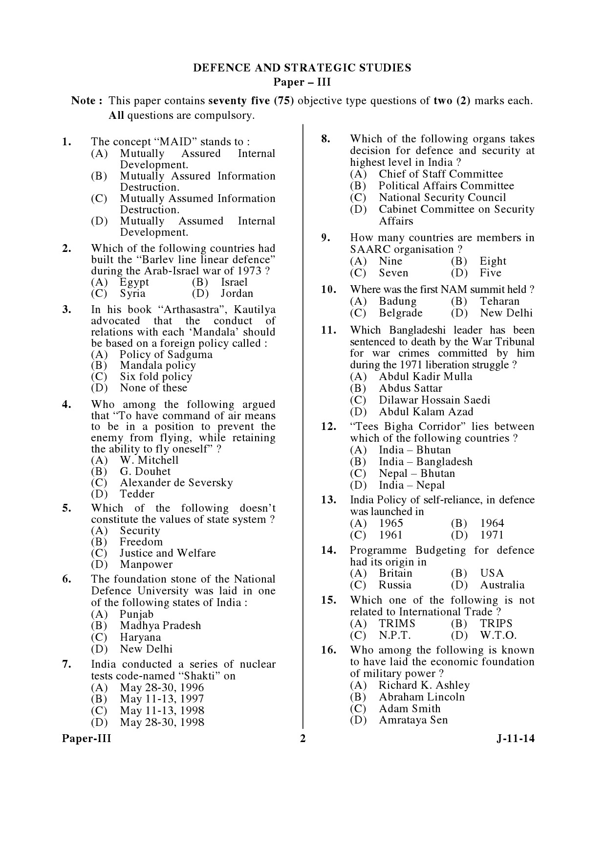 UGC NET Defence and Strategic Studies Question Paper III June 2014 2