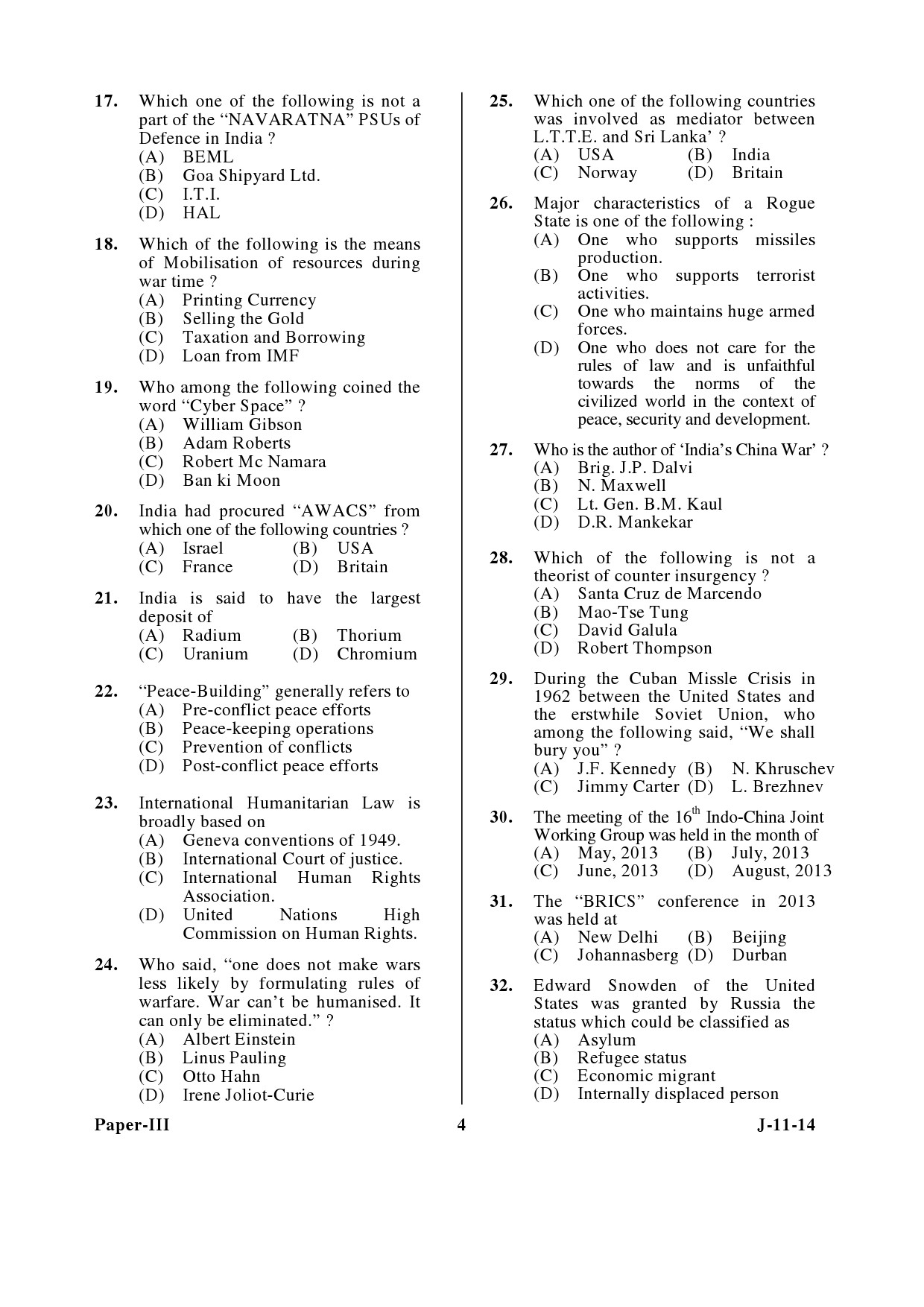 UGC NET Defence and Strategic Studies Question Paper III June 2014 4