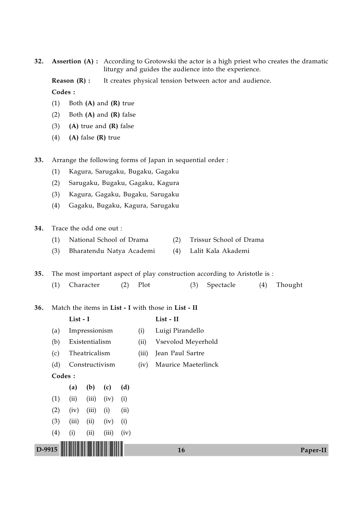 UGC NET Drama and Theatre Question Paper II December 2015 16