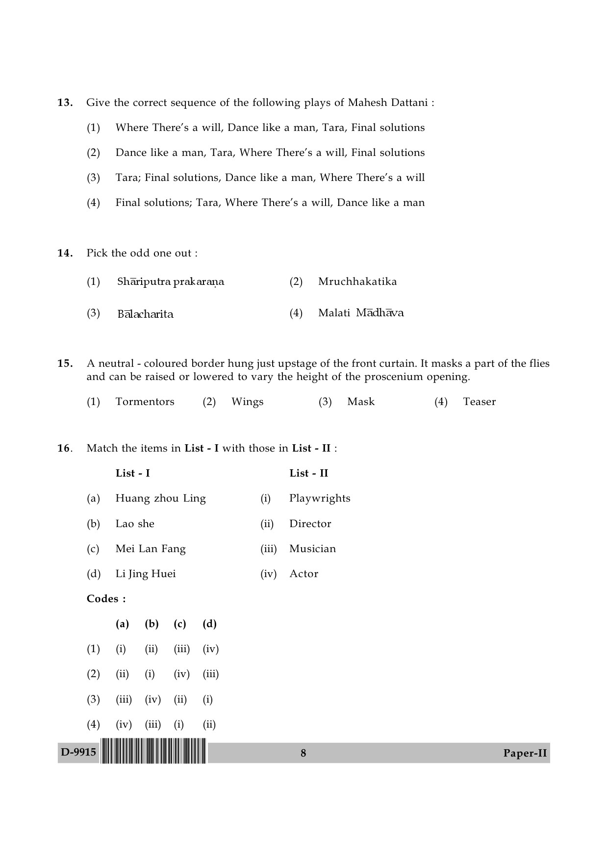 UGC NET Drama and Theatre Question Paper II December 2015 8