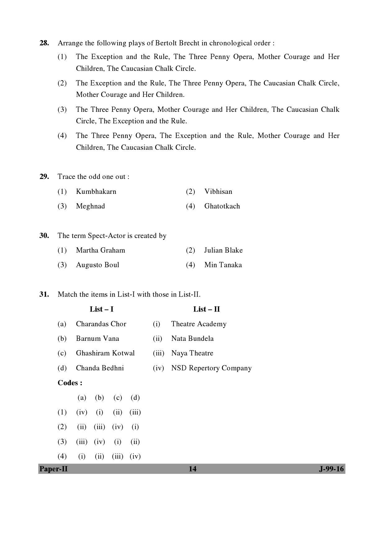 UGC NET Drama and Theatre Question Paper II July 2016 14