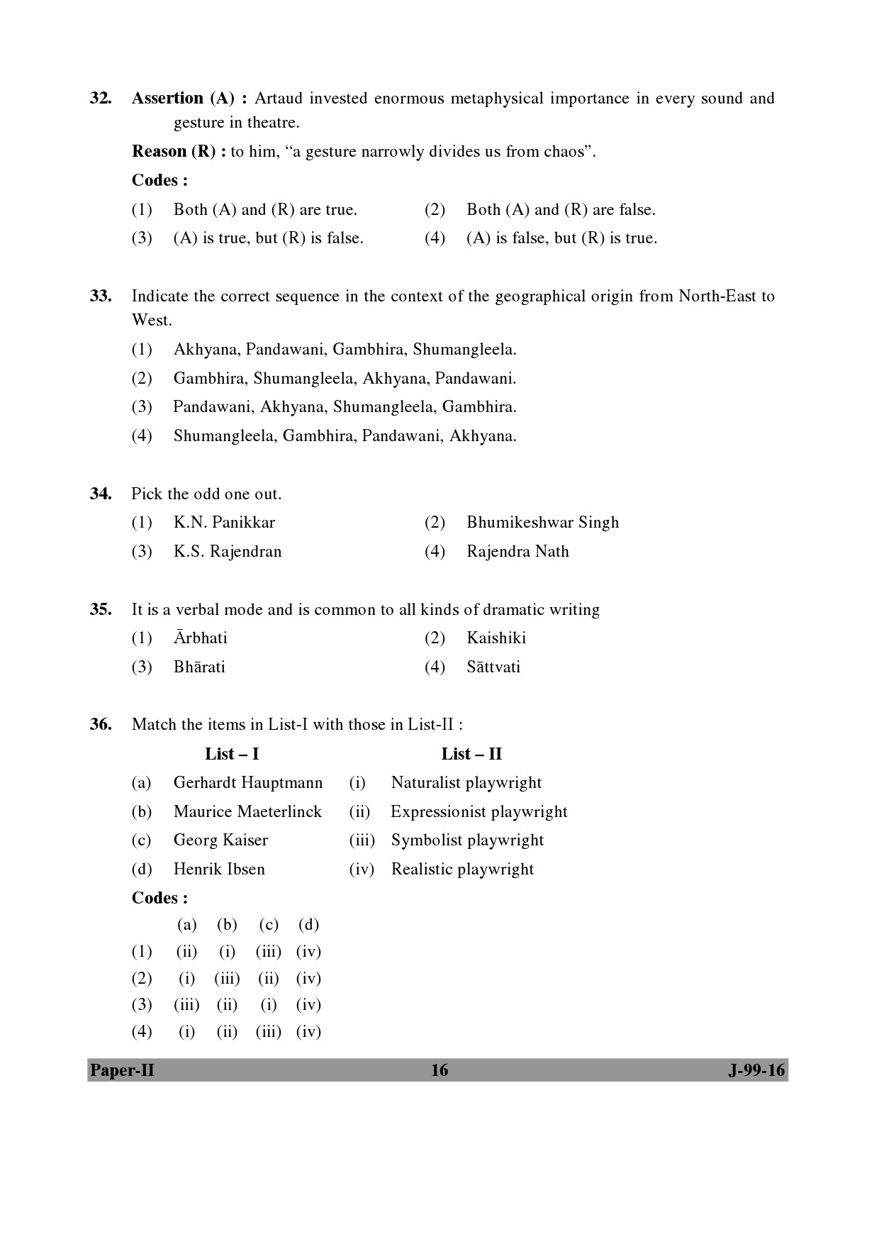 UGC NET Drama and Theatre Question Paper II July 2016 16