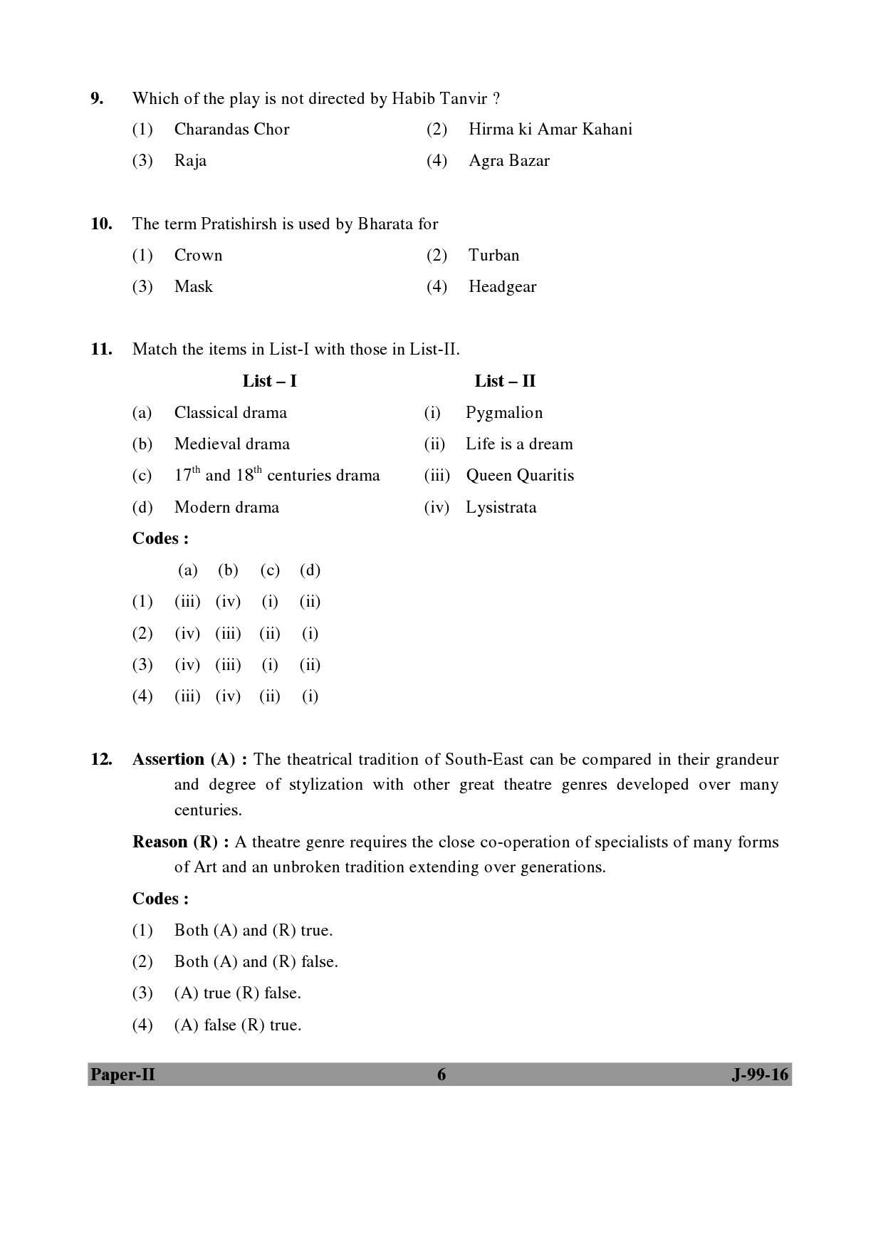 UGC NET Drama and Theatre Question Paper II July 2016 6