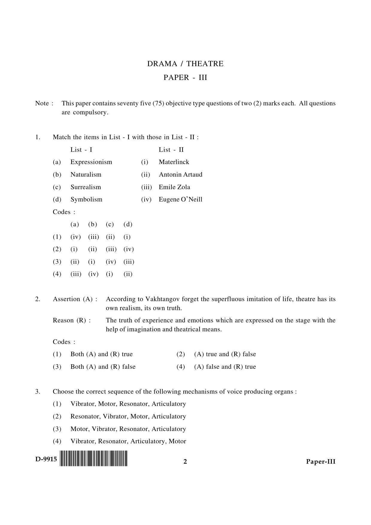 UGC NET Drama and Theatre Question Paper III December 2015 2