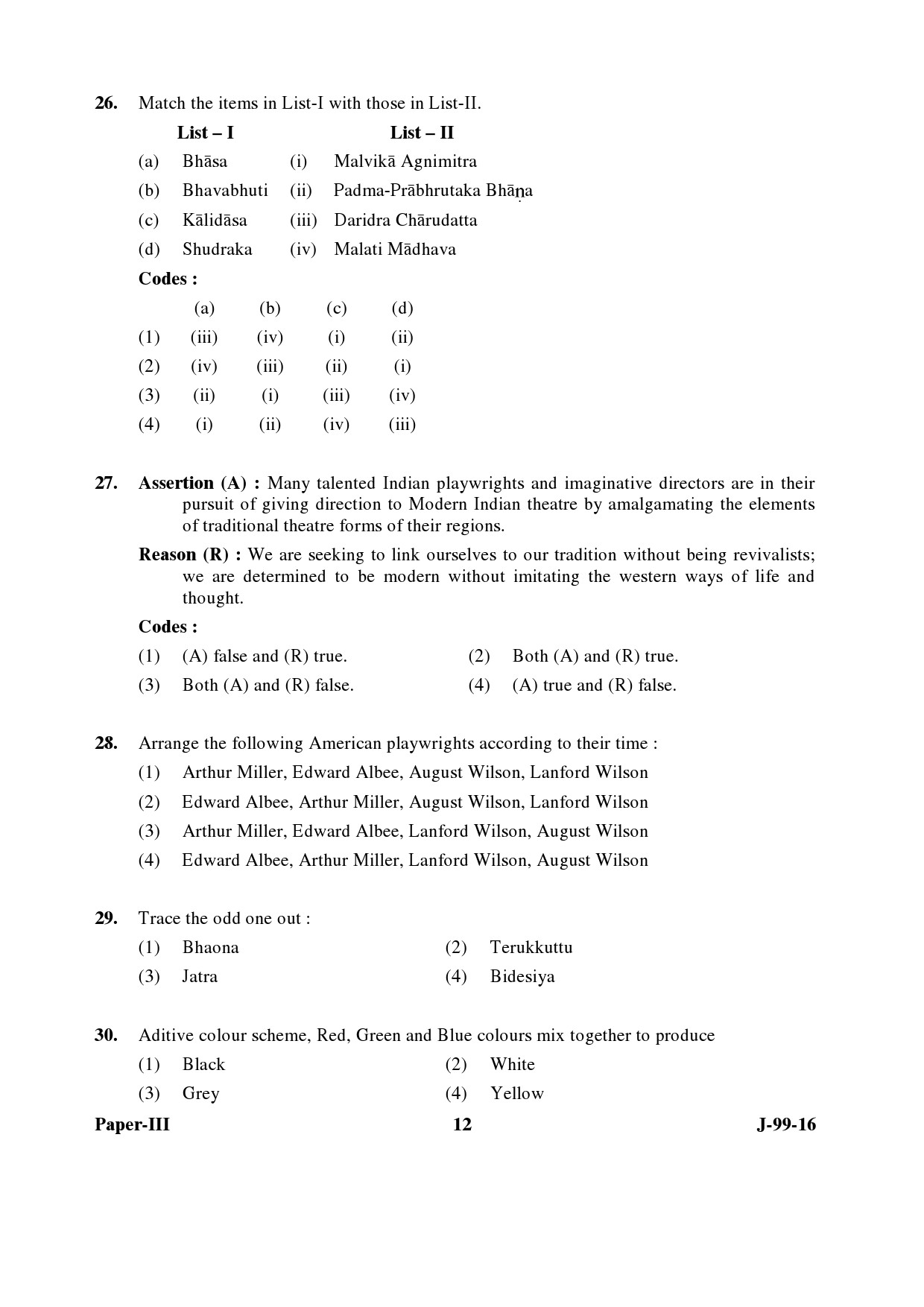 UGC NET Drama and Theatre Question Paper III July 2016 12