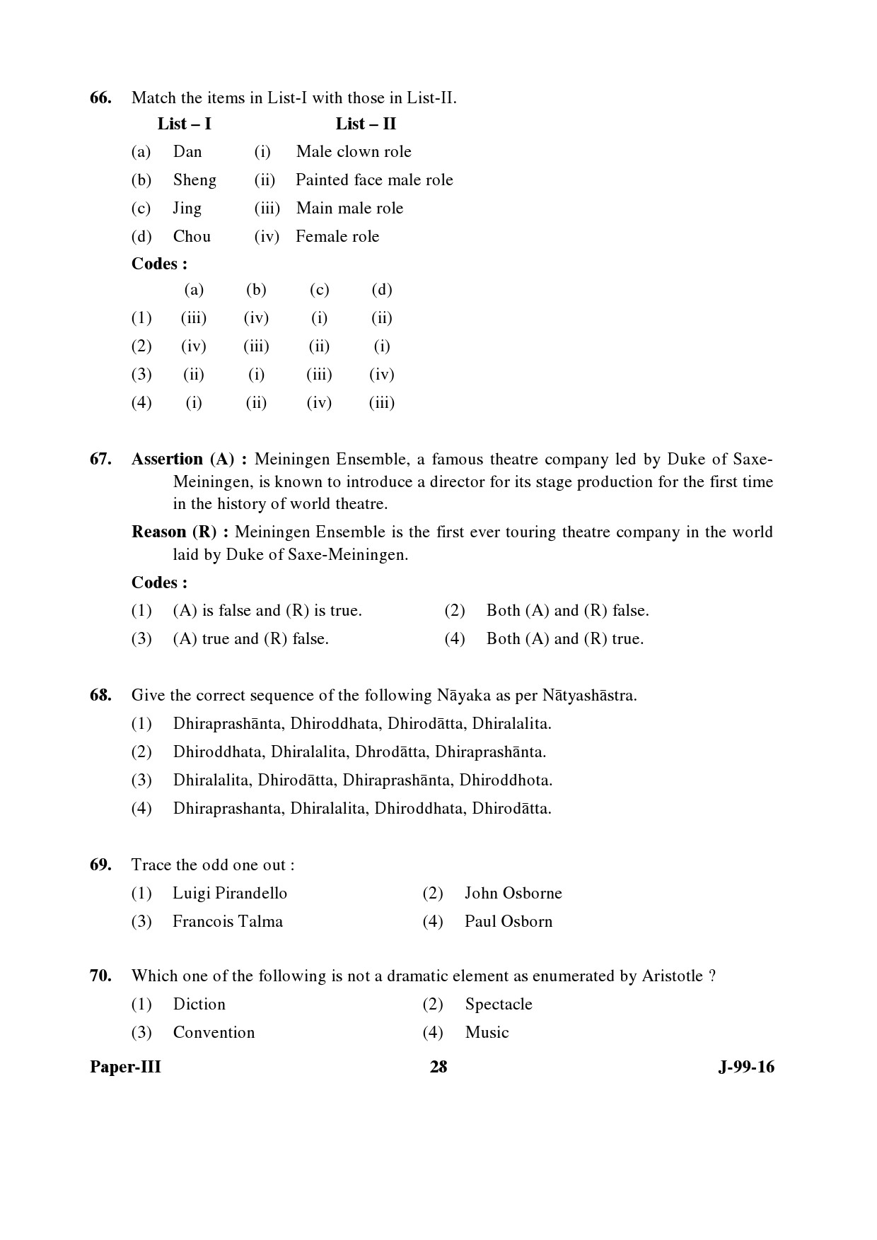 UGC NET Drama and Theatre Question Paper III July 2016 28