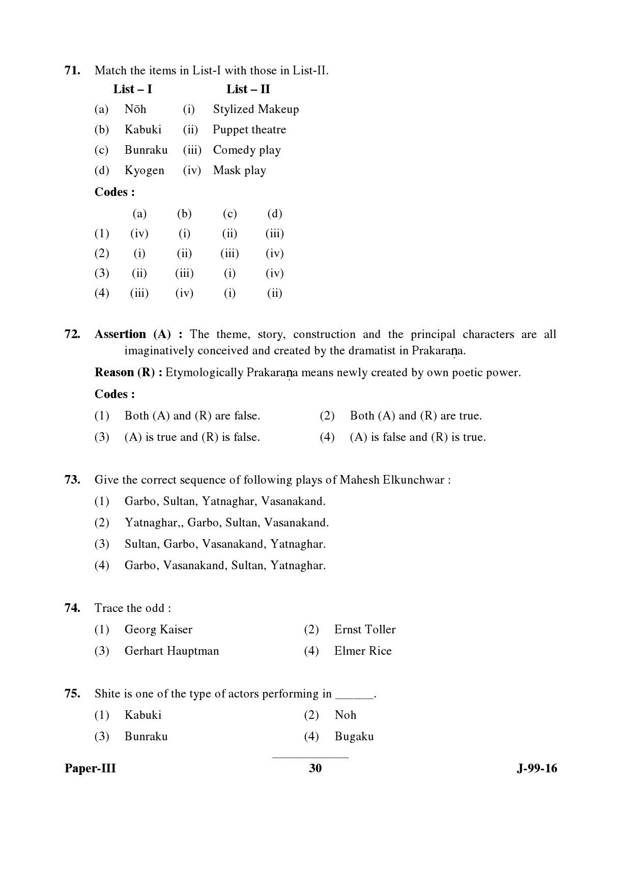 UGC NET Drama and Theatre Question Paper III July 2016 30