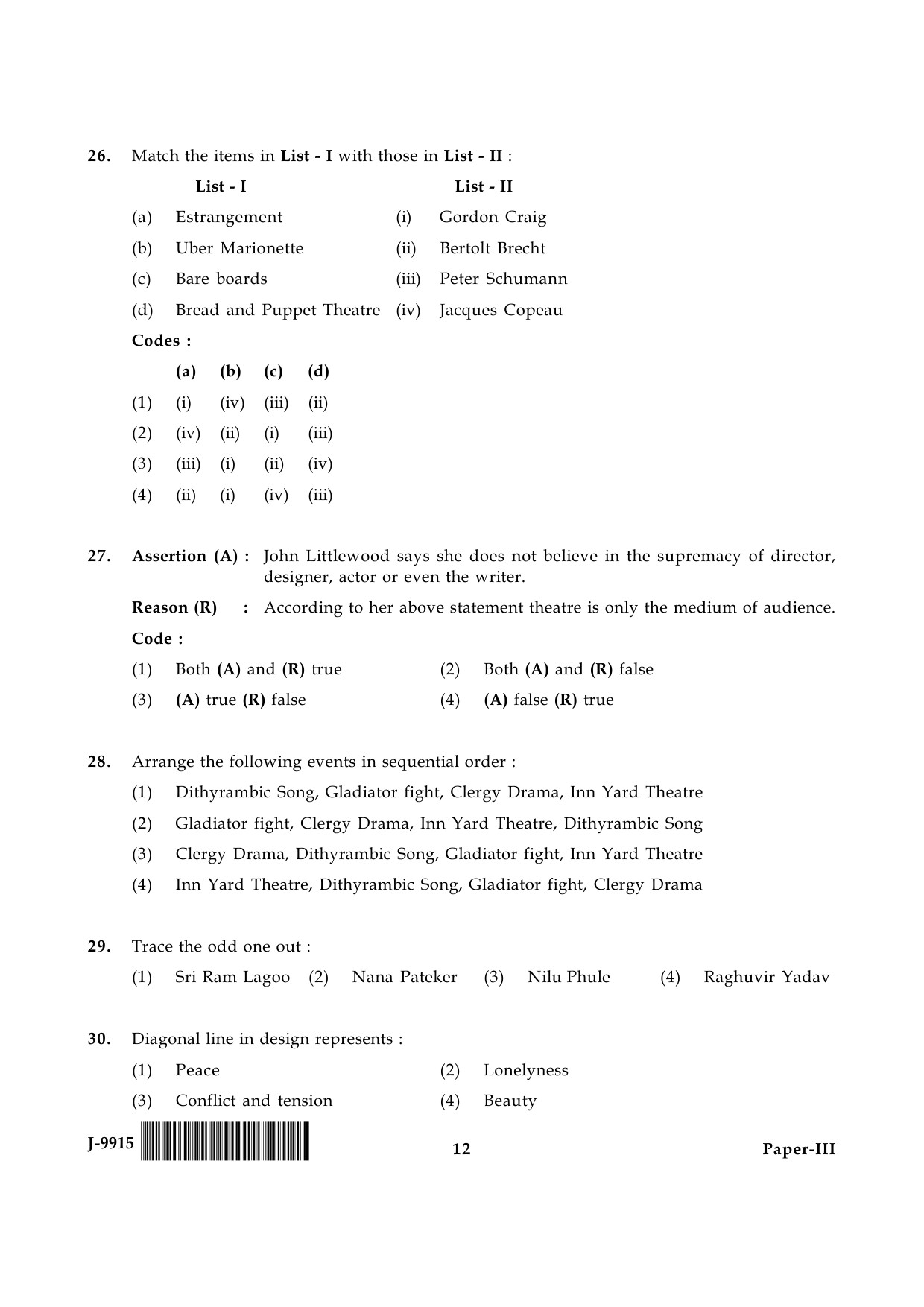 UGC NET Drama and Theatre Question Paper III June 2015 12