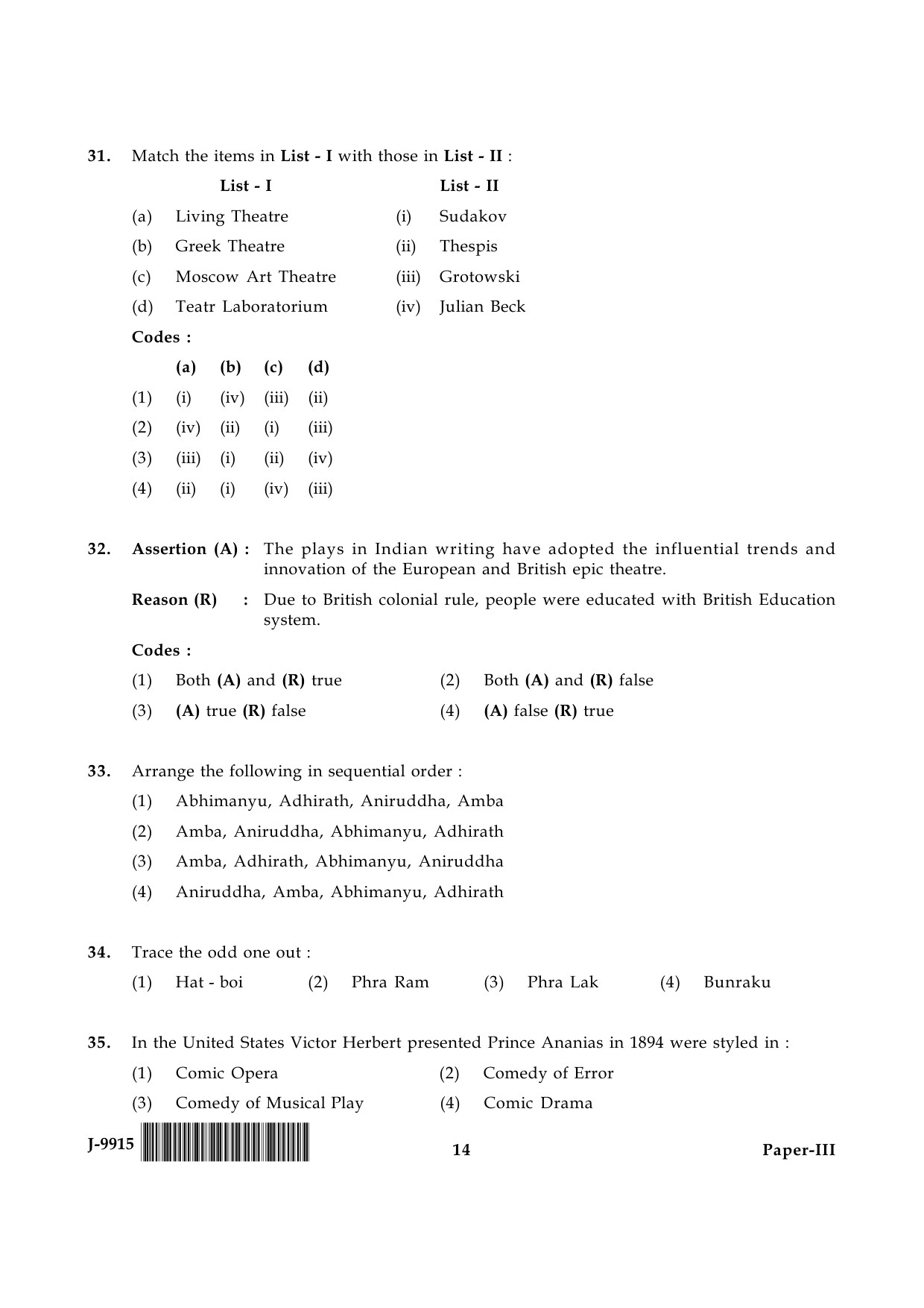 UGC NET Drama and Theatre Question Paper III June 2015 14