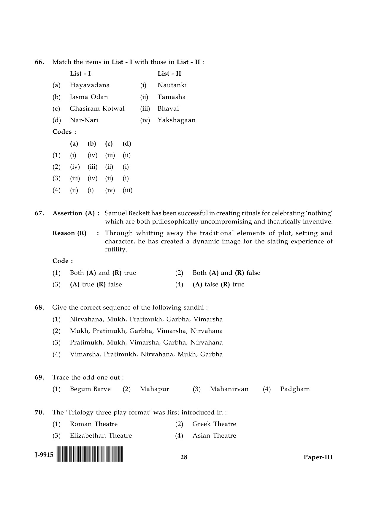 UGC NET Drama and Theatre Question Paper III June 2015 28