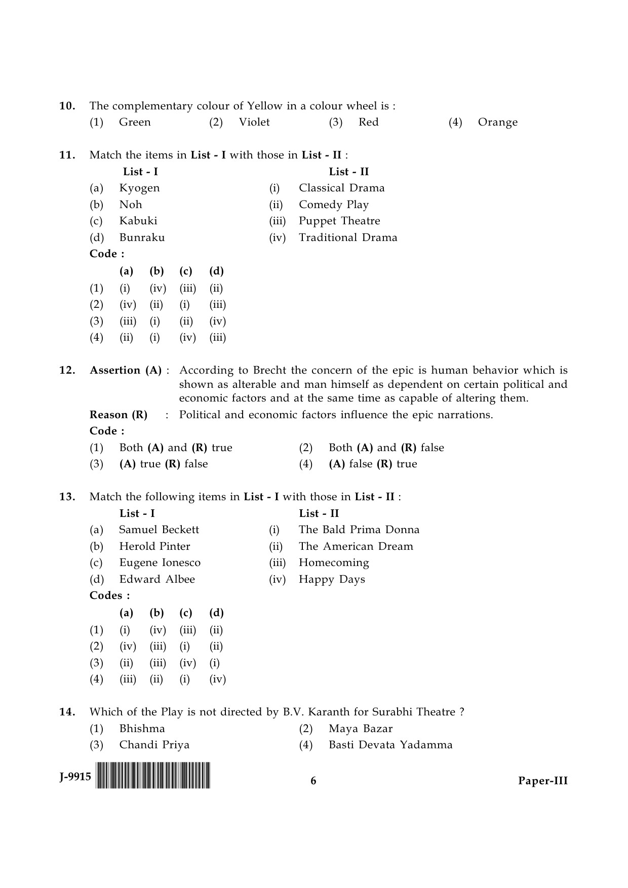 UGC NET Drama and Theatre Question Paper III June 2015 6