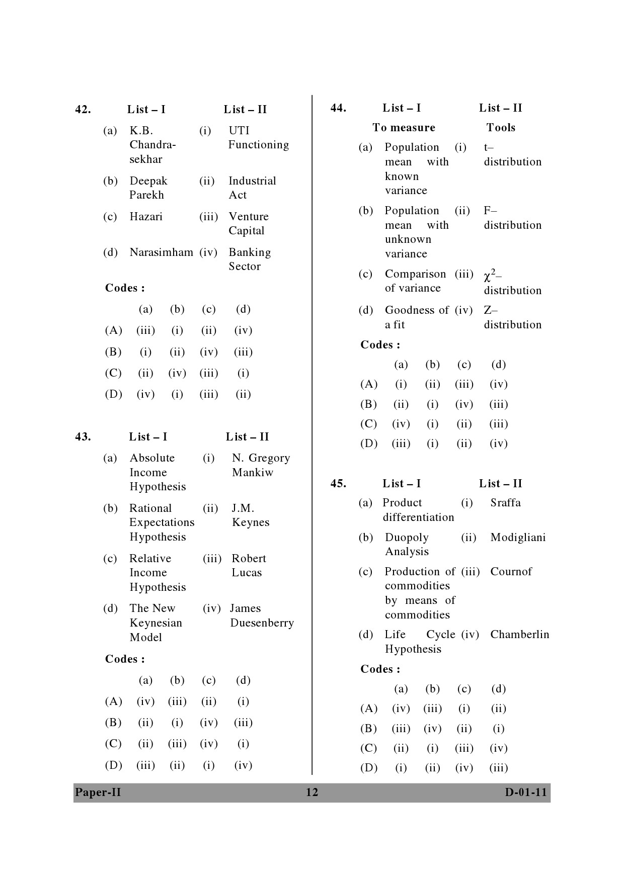 UGC NET Economics Question Paper II December 2011 12