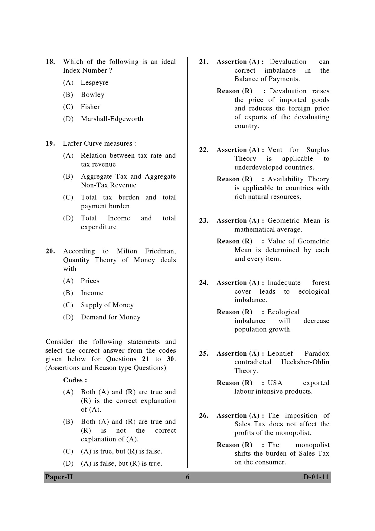 UGC NET Economics Question Paper II December 2011 6