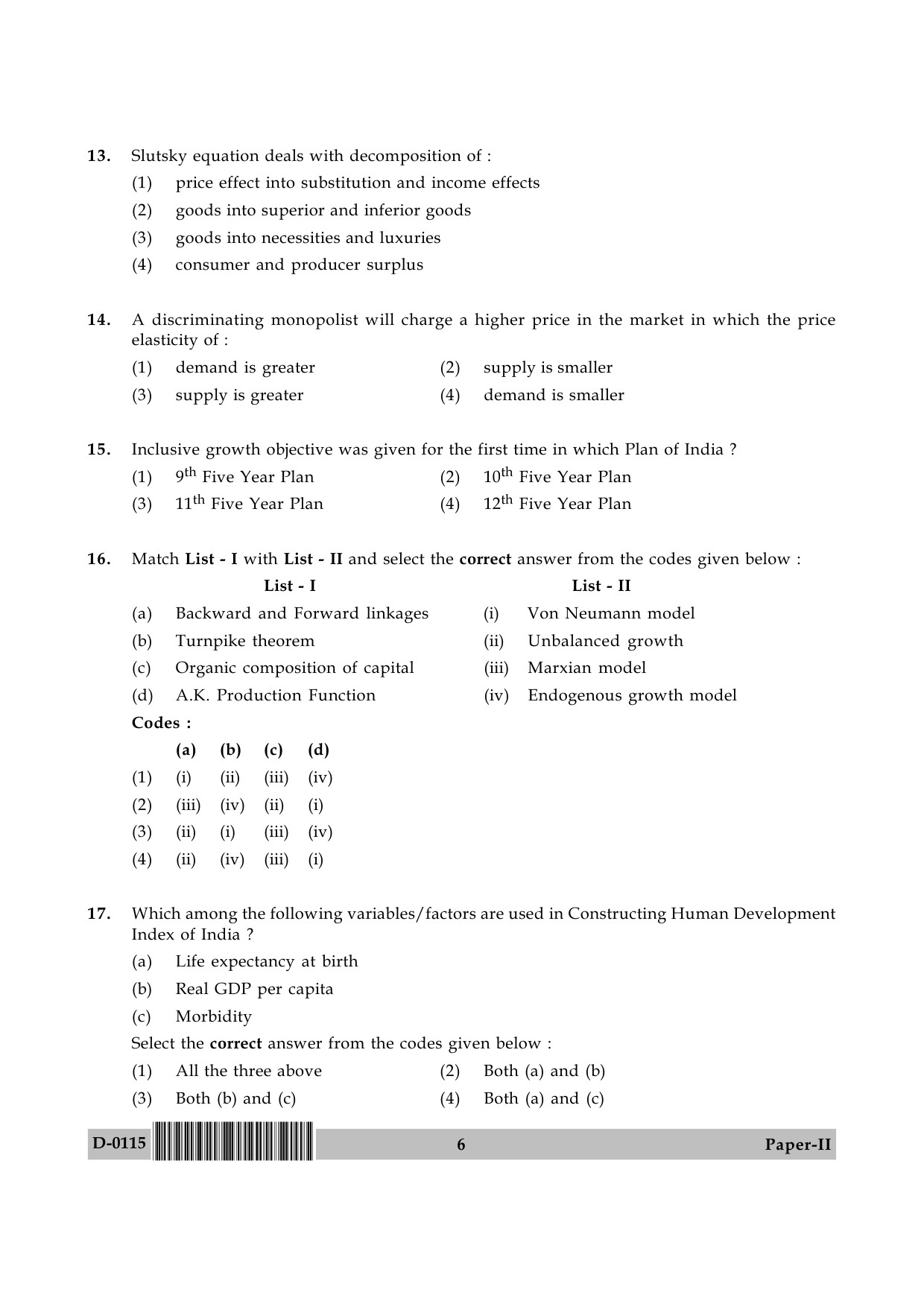 UGC NET Economics Question Paper II December 2015 6