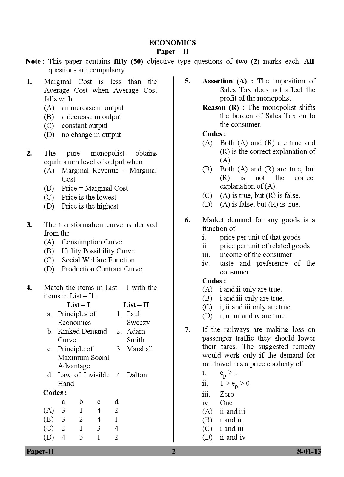 UGC NET Economics Question Paper II Exam September 2013 2