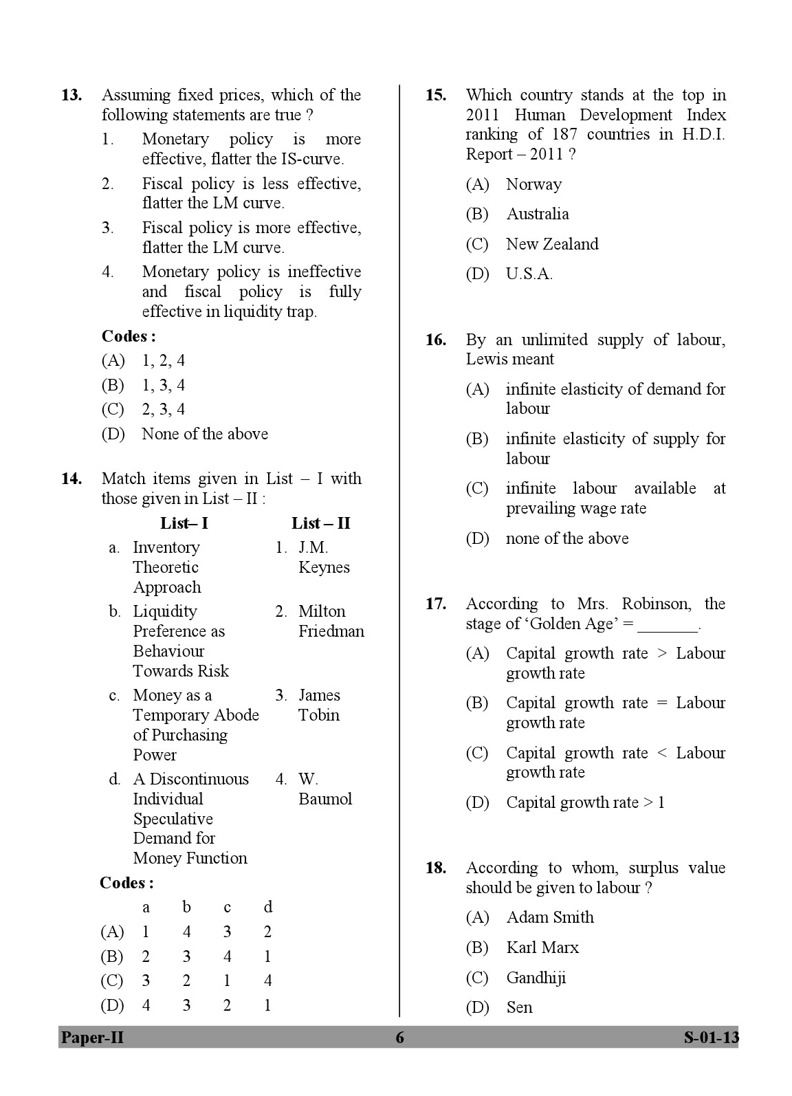 UGC NET Economics Question Paper II Exam September 2013 6