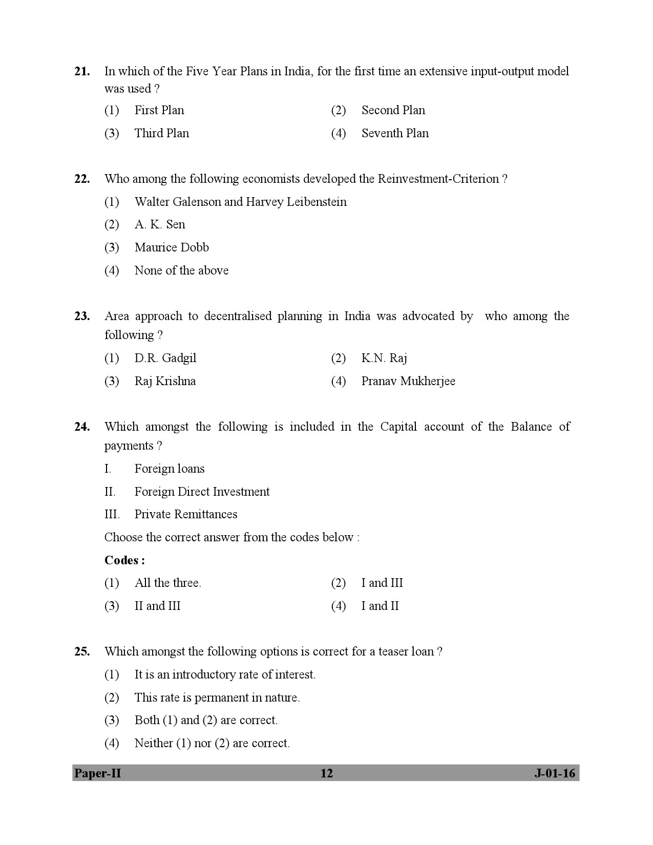 UGC NET Economics Question Paper II July 2016 12