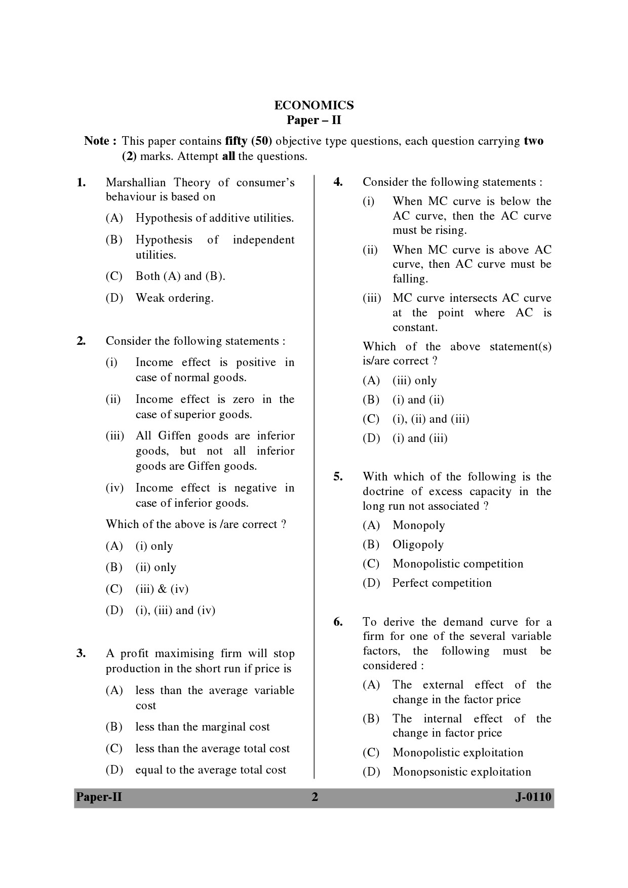 UGC NET Economics Question Paper II June 2010 2