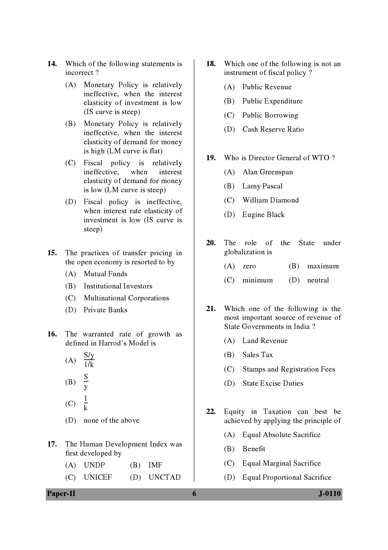 UGC NET Economics Question Paper II June 2010 6