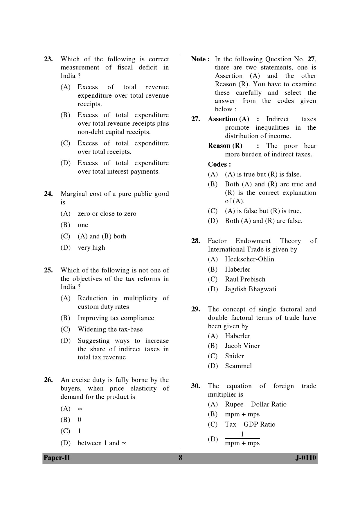 UGC NET Economics Question Paper II June 2010 8