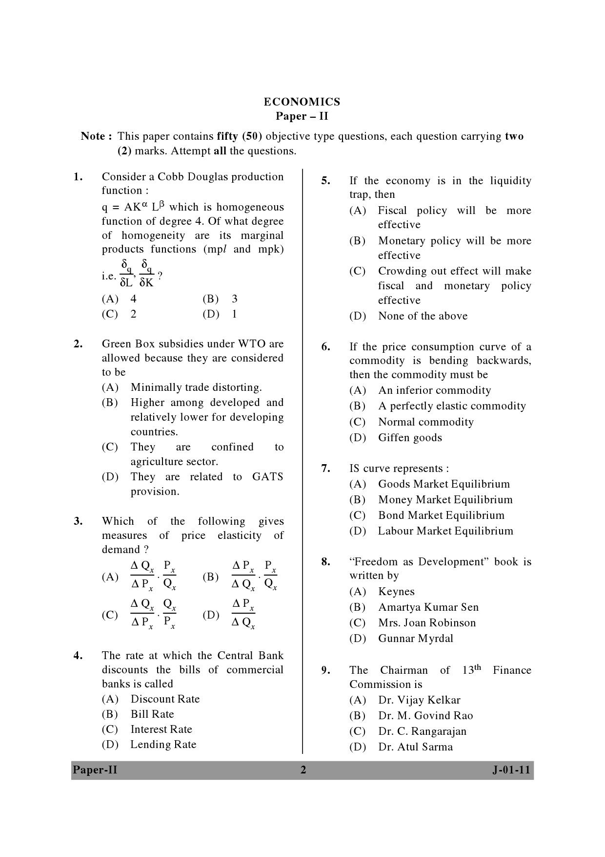 UGC NET Economics Question Paper II June 2011 2