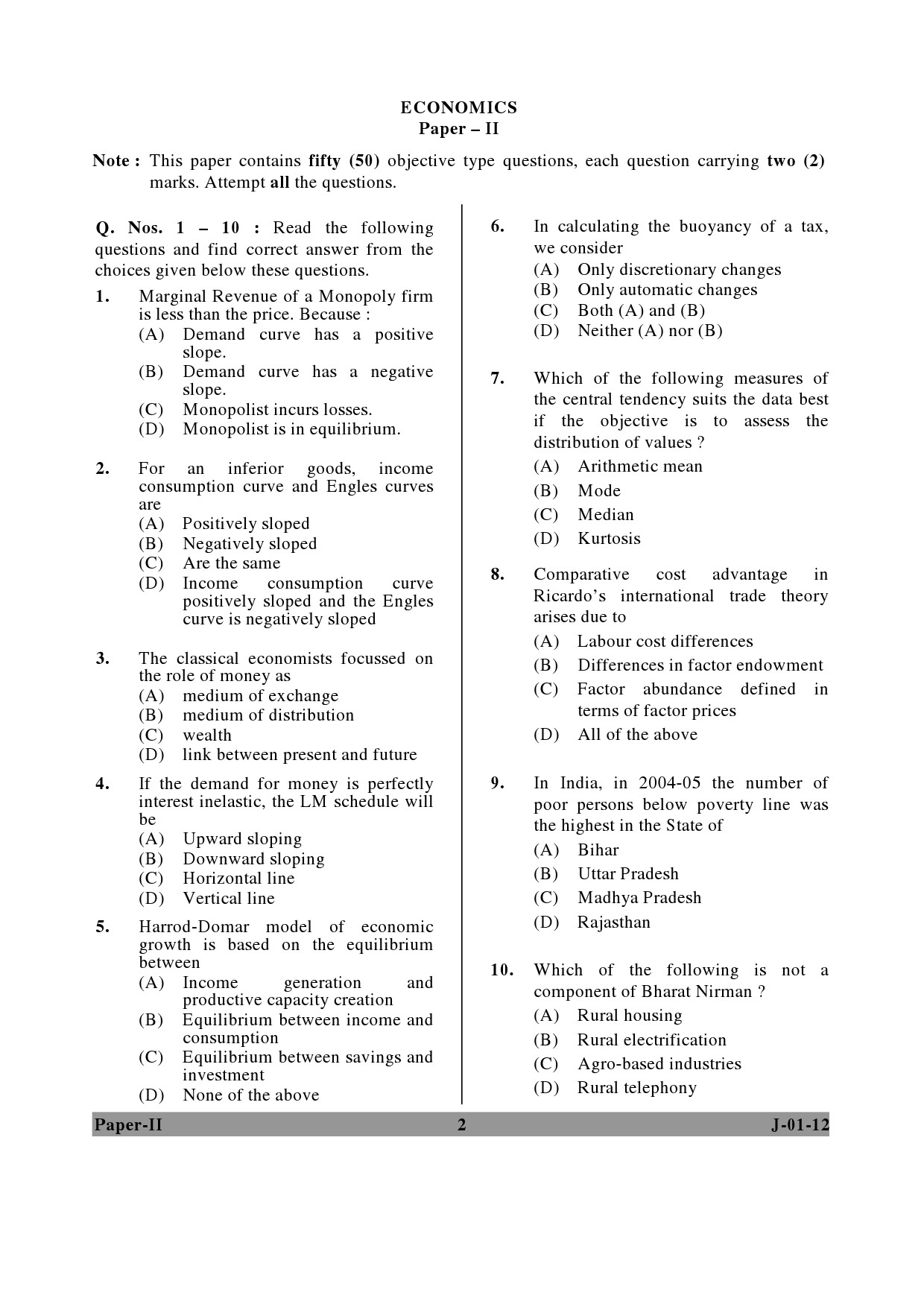 UGC NET Economics Question Paper II June 2012 2