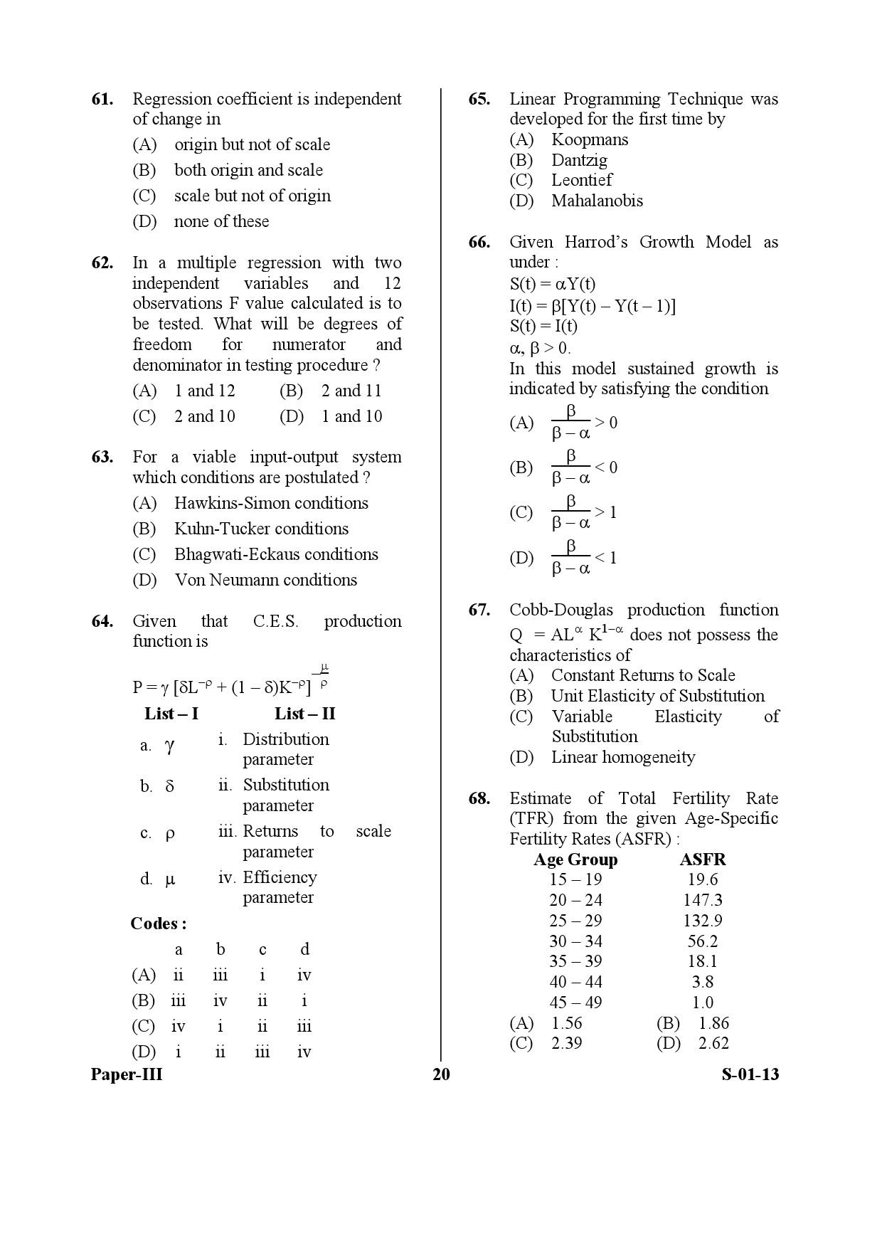 UGC NET Economics Question Paper III Exam September 2013 20